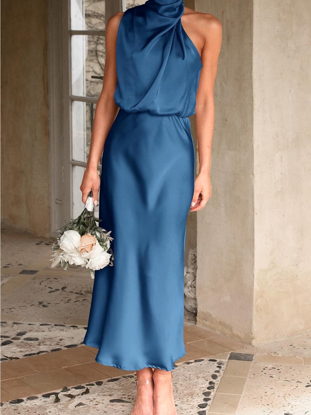 Sleeveless One-Shoulder Satin Midi Dress - Blue